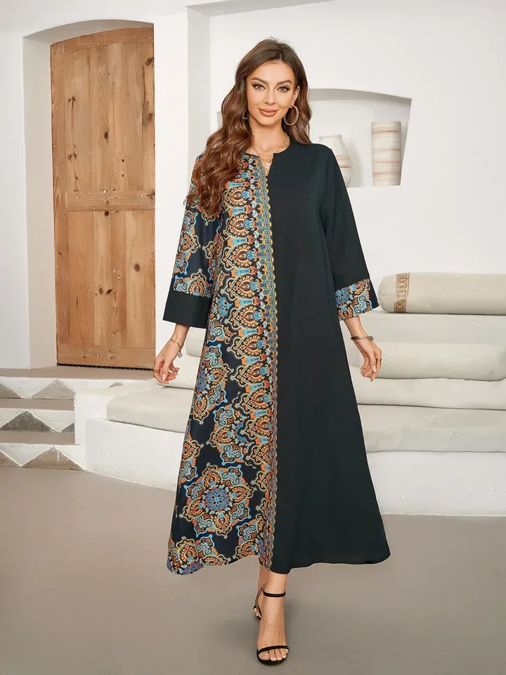 

Eid Muslim Party Dress for Women Ramadan Abaya Long Dress Print Morocco Kaftan Vestidos Largos Dubai Turkey Robe Jalabiya