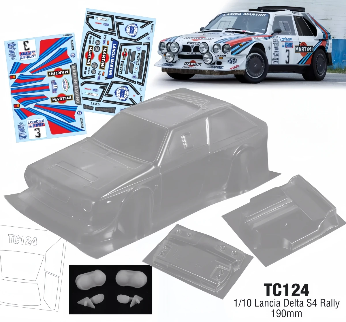 

1/10 Lancia Delta S4 Rally car, 190mm Width, Clear Polycarbonate body shell，Include Light Bucket and Sticker