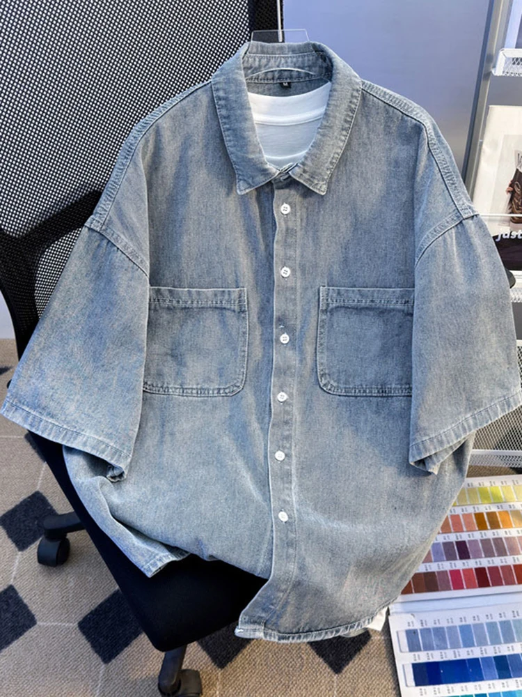 Cowboy Short Sleeved Shirt For Men Women Summer American Loose Casual Half Sleeved Shirt Japanese Style Collar Workwear Jacket
