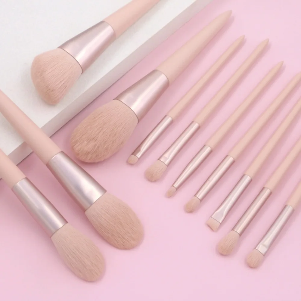 Juego de brochas de maquillaje de color rosa, 11 Uds., con bolsa de almacenamiento, cerdas suaves, mango de madera, brocha para base, esponjosa de alto rebote