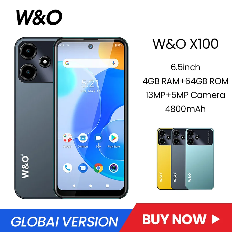 W&O X100 Ultra-Thin 4G Smartphones Quad Core 4GB+64GB 6.528Inch HD+ Display Android 10 Mobile Phone 13MP 4800mAh Global Version