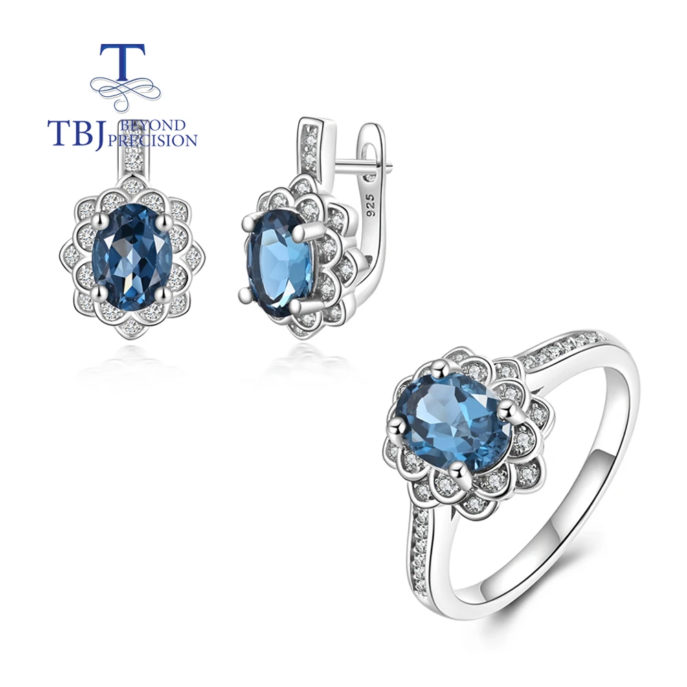 

TBJ Natural London blue topaz Jewelry set 925 sterling silver earring ring classic design fine jewelry for women nice gift