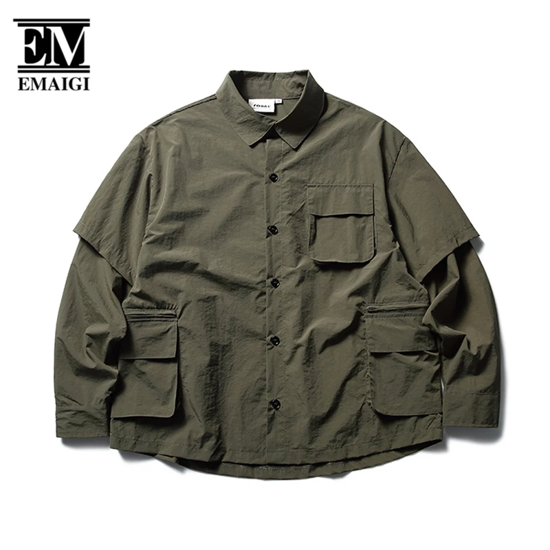 Men Cityboy Outdoor Fashion Multi Pocket Loose Casual Splice Long Sleeve Cargo Shirts Male Harajuku Streetwear Oversize Shirts