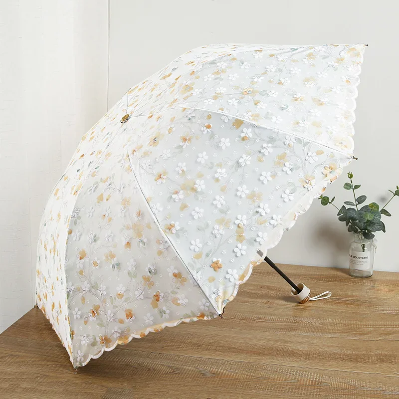 Fashion Double-layer Lace Floral Embroidery Folding Umbrella Summer Outdoor Mini Sunscreen UV Protection Foldable Sunny Umbrella