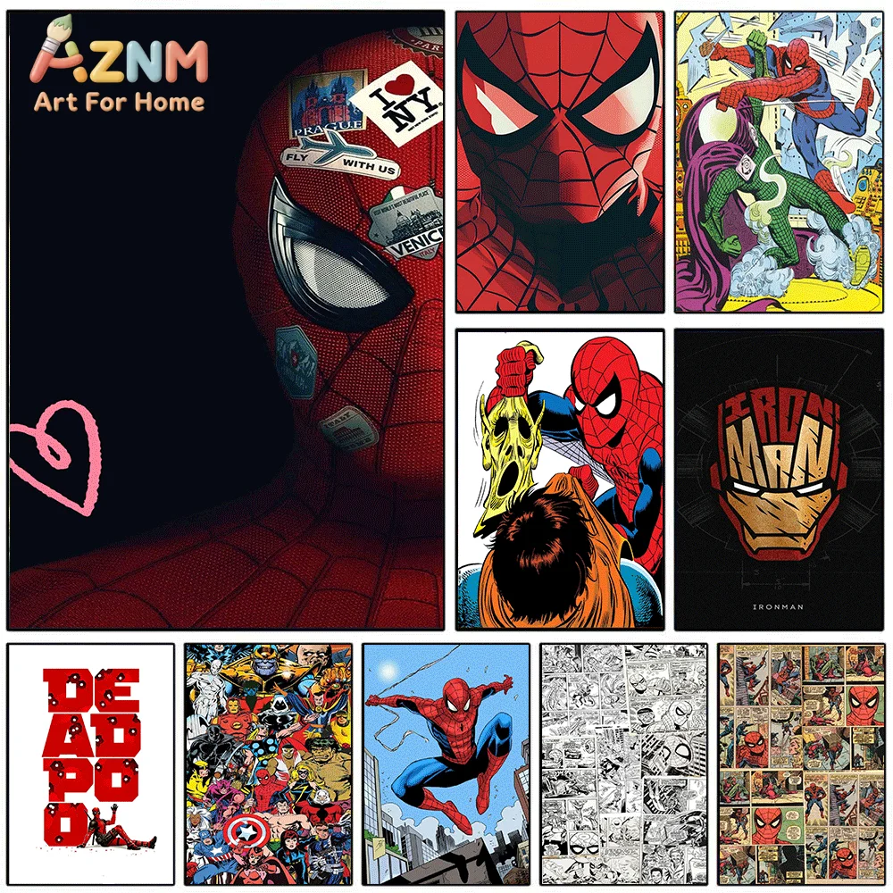 Casco de Spiderman AZNM con pegatinas de viaje, impresión en lienzo de cómic con fondo oscuro, póster artístico de personaje de superhéroe en primer plano, U