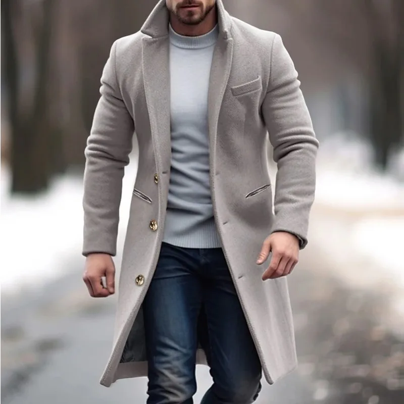 Luxury Tweed Coat Men Overcoat Mid-length Windbreaker Single-breasted Slim Lapel Jacket Men Clothing Trench Coat Spring Autumn