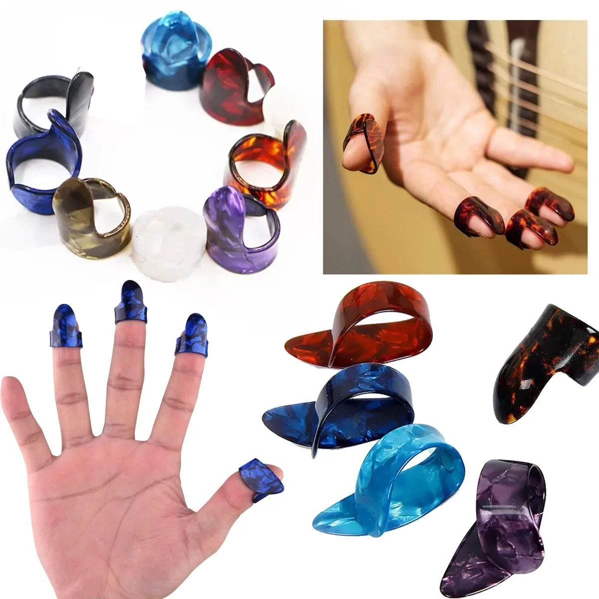 10pcs Celluloid Guitar Finger Picks Thumb/Index Sizes Fingerstyle Protector Anti-Slip Design Bass Acoustic/Electric  Guitar