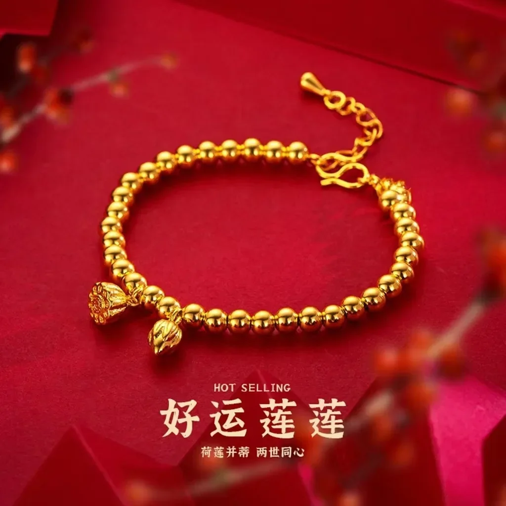 Pulsera de oro puro de alta calidad para mujer, pulsera de oro real de 24K, pulsera de loto de la buena suerte, joyería de mano AU999