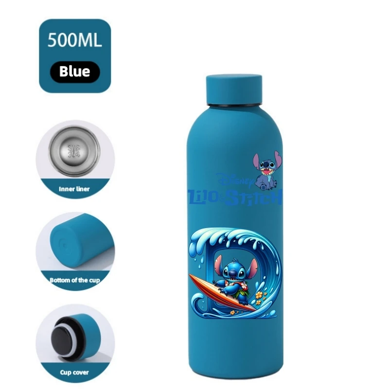 500Ml Disney Lilo Stitch ถ้วยน้ําสแตนเลสขวดน้ํากีฬามูลค่าสูงกลางแจ้งขนาดใหญ่ความจุ Camping ดื่มเครื่องมือ
