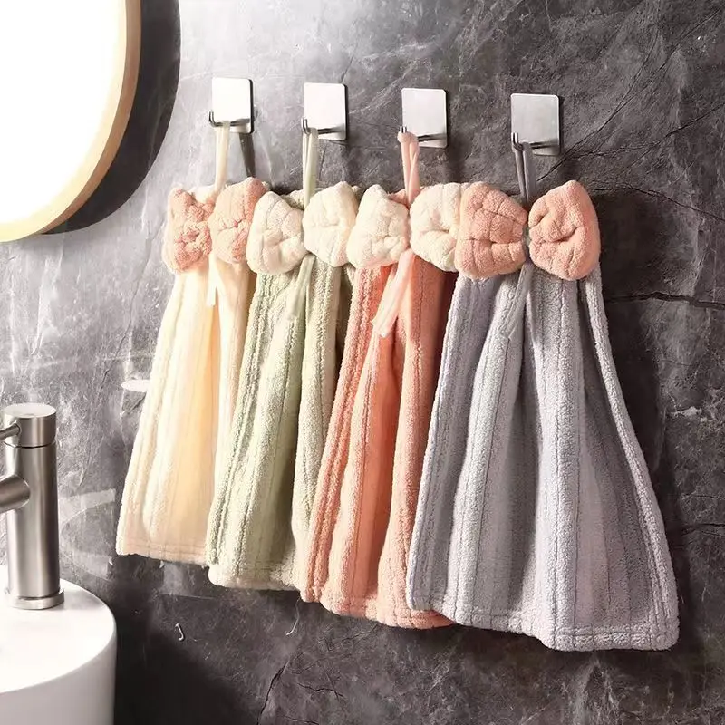 2pcs Coral Velvet Bow Hand Towel Soft Quick Dry Absorbent Cleaning Cloths Bathroom Hanging Towels Kitchen Dishcloths