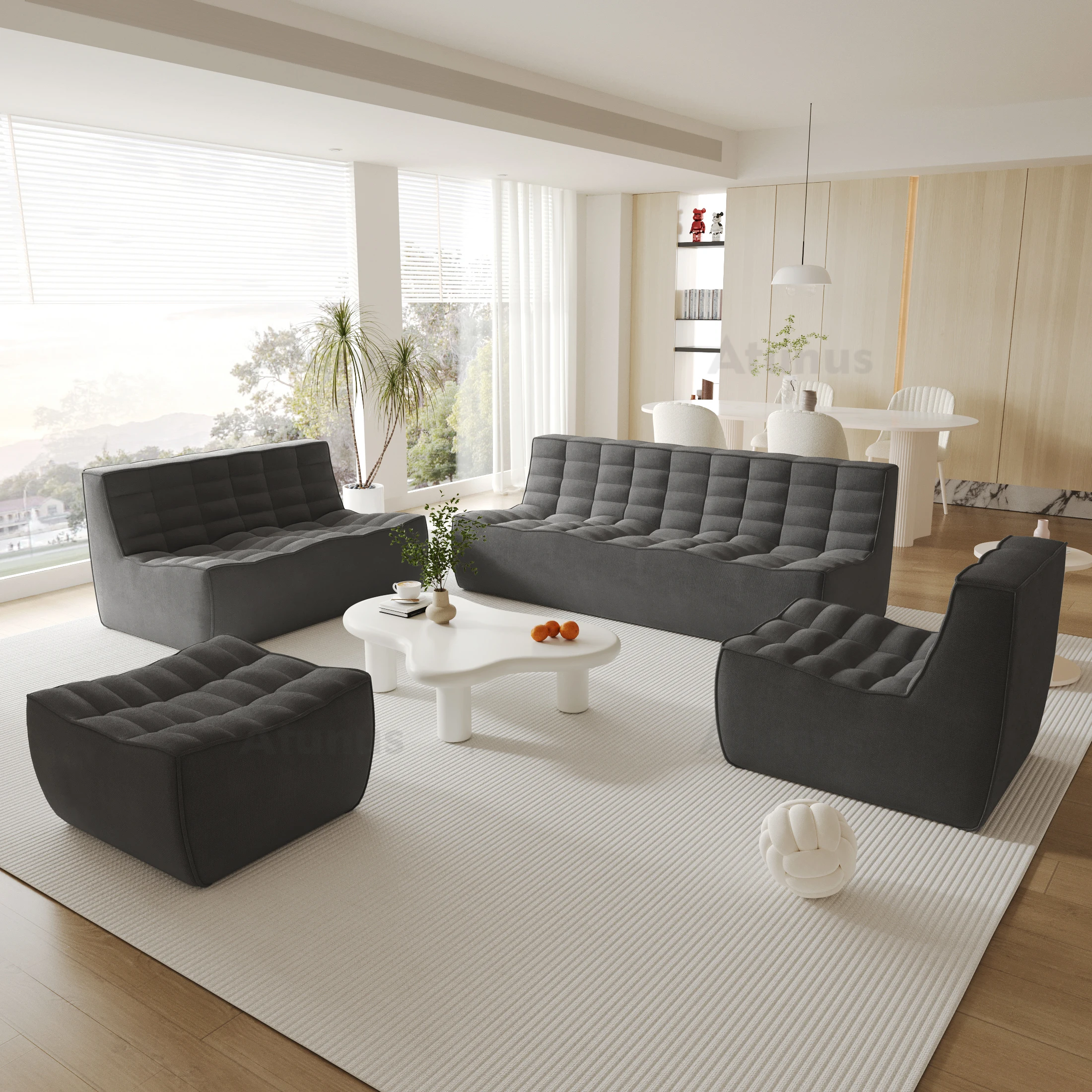 Compression Sofa Modern Floor Sofa Living Room 1/2/3 Seat Chenier Linen Blend Waffle Sofa Set