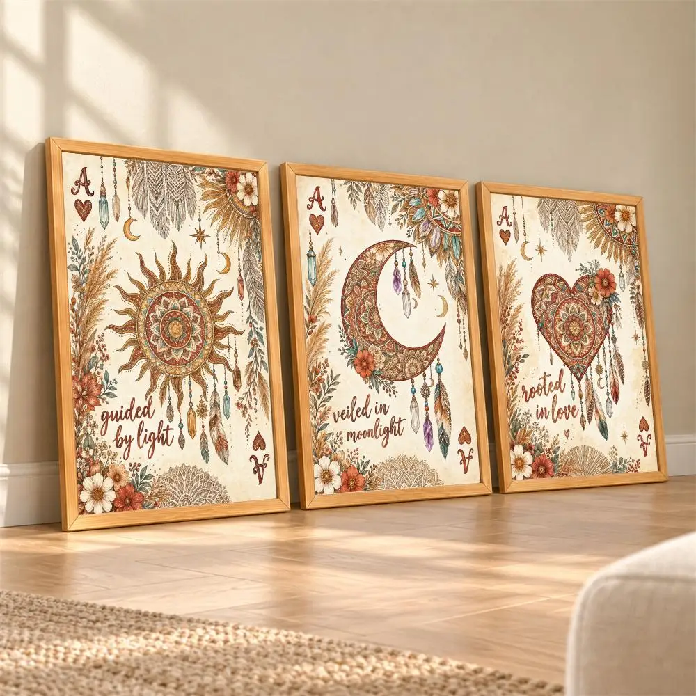 Boho Tarot Sun Moon Heart Painting Calligraphy 3 Pieces Canvas Poster Set Wall Art for Bedroom Living Room Home Decor Gift