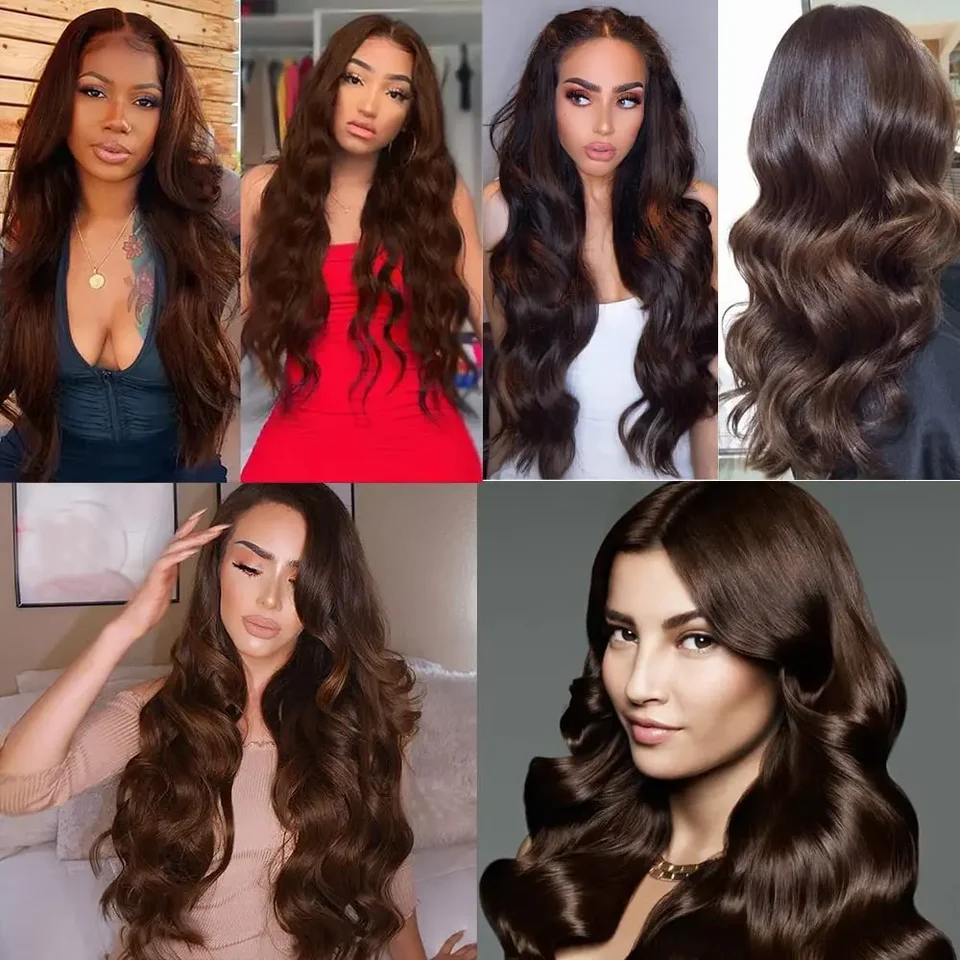 Paquetes de cabello castaño oscuro color #4, cuerpo ondulado, cabello humano brasileño, doble weft, para coser 6