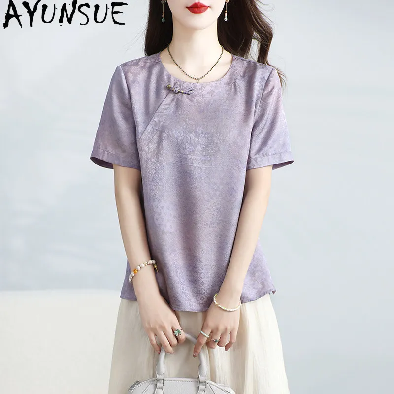 AYUNSUE 95% Real Mulberry Silk T-shirts for Women Short Sleeved Women Tops Summer Jacquard Clothes for Woman 2026 New Ropa Mujer