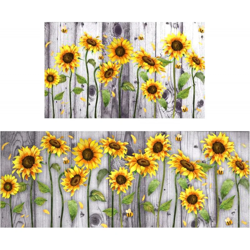 New Year Christmas Sunflower Kitchen Floor Mat 2-piece Set, Home Office Sink Front Door Mat 20inX31in 18inX47in