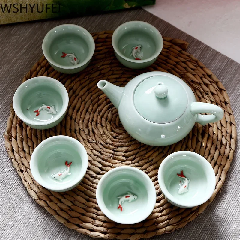 Longquan Celadon Fish Tea Set Ceramic Teapot Kettle Ceramic Tea Cup Fish Chinese Handmade Travel Tea Set Wine Set