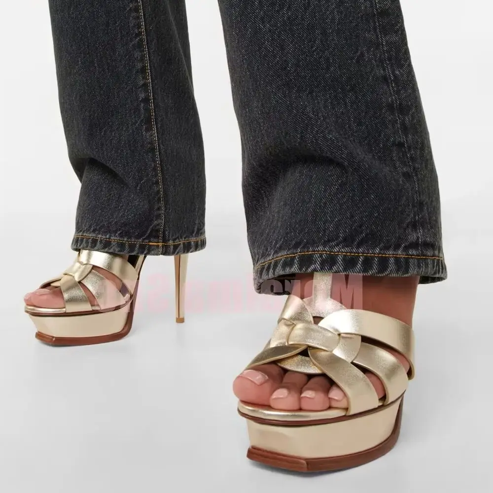 Platform Peep Toe T-strap Sandals Ankle Buckle Strap Hollow Sexy Fashion Women Summer Shoes Stiletto High Heel Silver Solid New