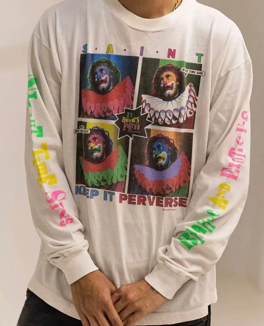 Men Women Round-neck Long-sleeved Tees with Four-panel Print Pattern Saint Retro Long Sleeve T-shirts