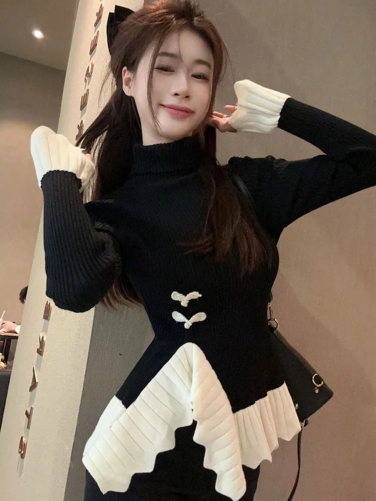 Jmprs Chic Ruffles Patchwork Sweaters Women Sweet Design Slim Korean Knitted Pullover Fall Fashion Irregular Turtleneck Jumper