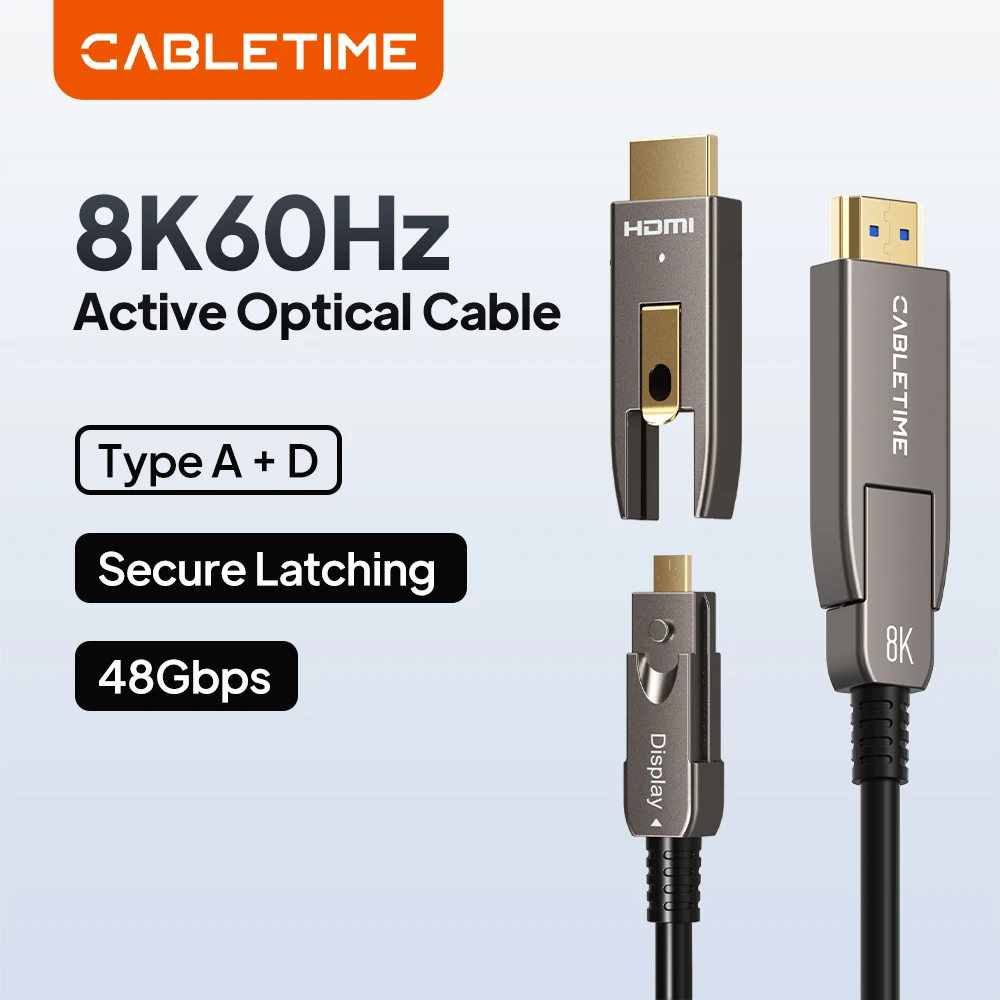 CABLETIME 8K@60Hz Active Optical Cable Type A+D Cable Secure Latching 48Gbps HDMI+Micro HDMI Led Light for Laptop Monitor
