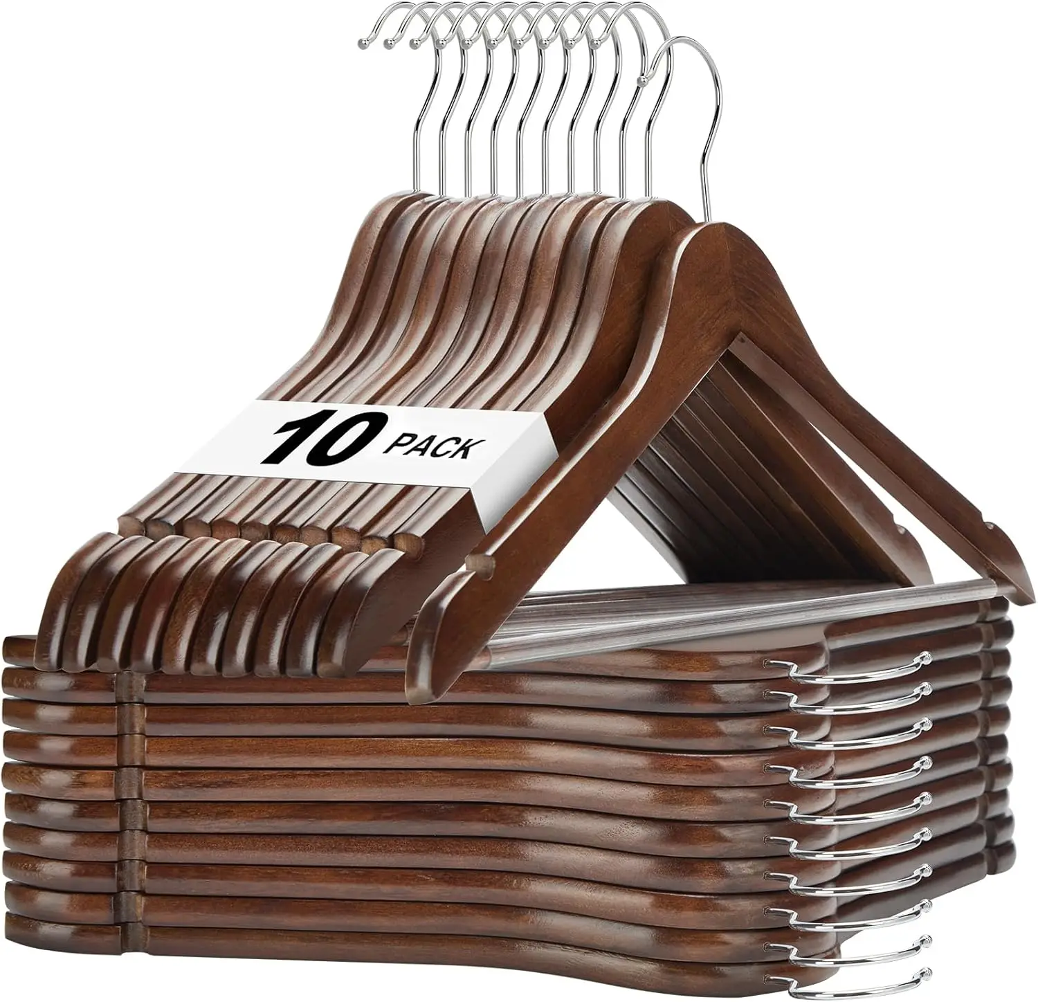

Walnut Wooden Hangers 10 Pack, Solid Wood Hangers with Non Slip Pant Bar for Suits Jackets Dresses