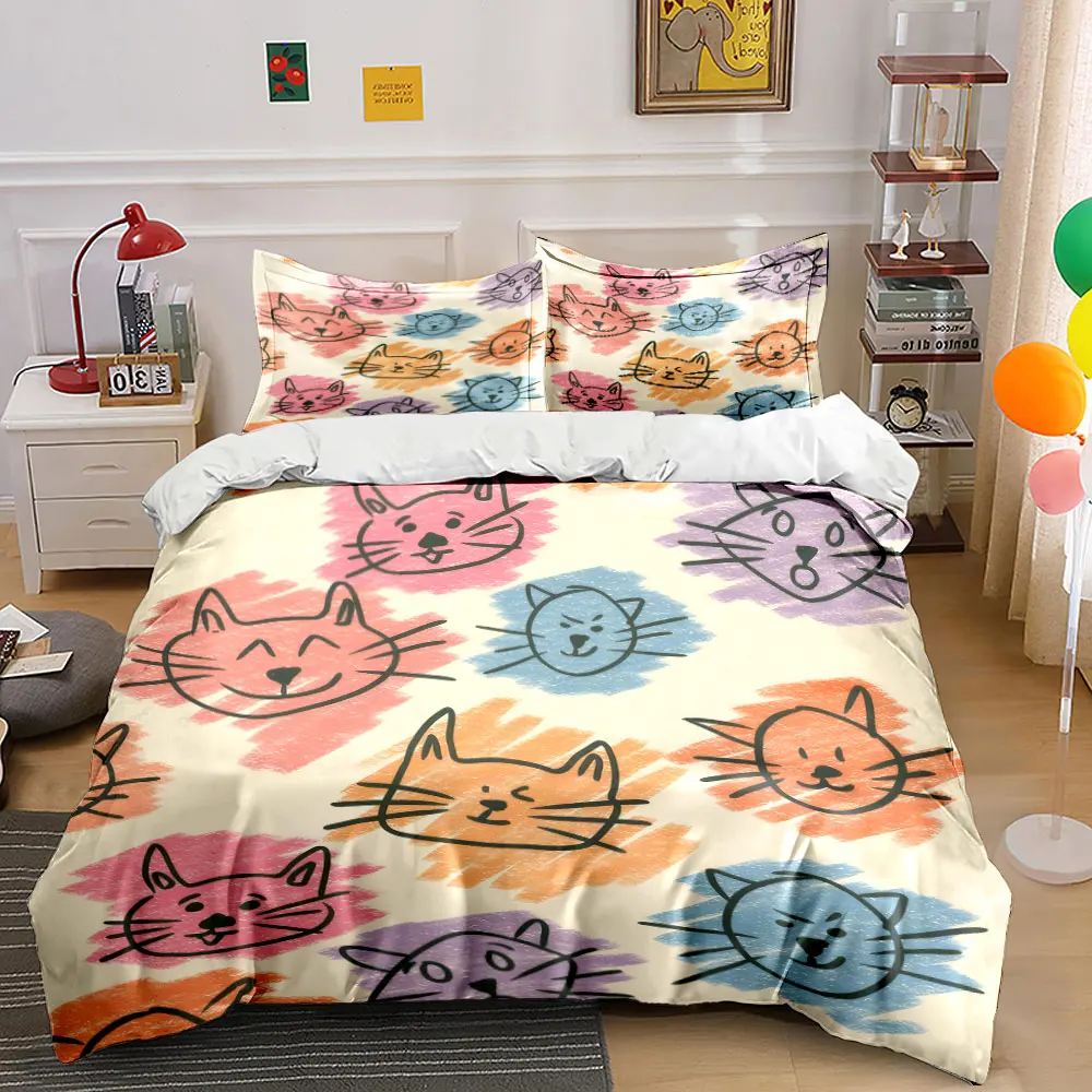 Colorful Cat Pattern Decor Set Bedding Set with 1 Duvet Cover 2 Pillowcases Single Double King Queen, Gift