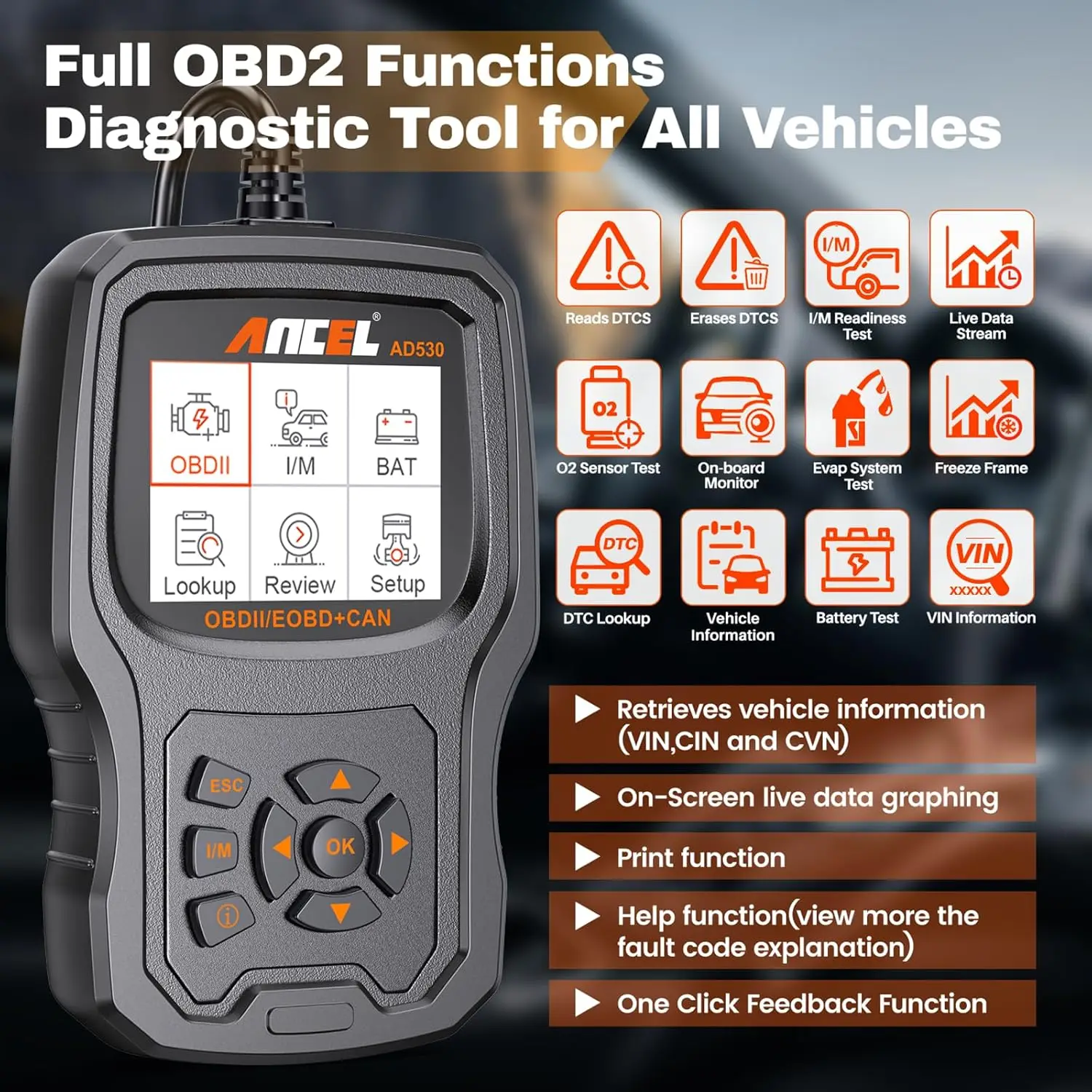 ANCEL AD530 Obd2 السيارات الماسح الضوئي قارئ الرمز المهنية جهاز اختبار بطارية فحص المحرك obd سيارة التشخيص أداة مسح ضوئي ترقية مجانية