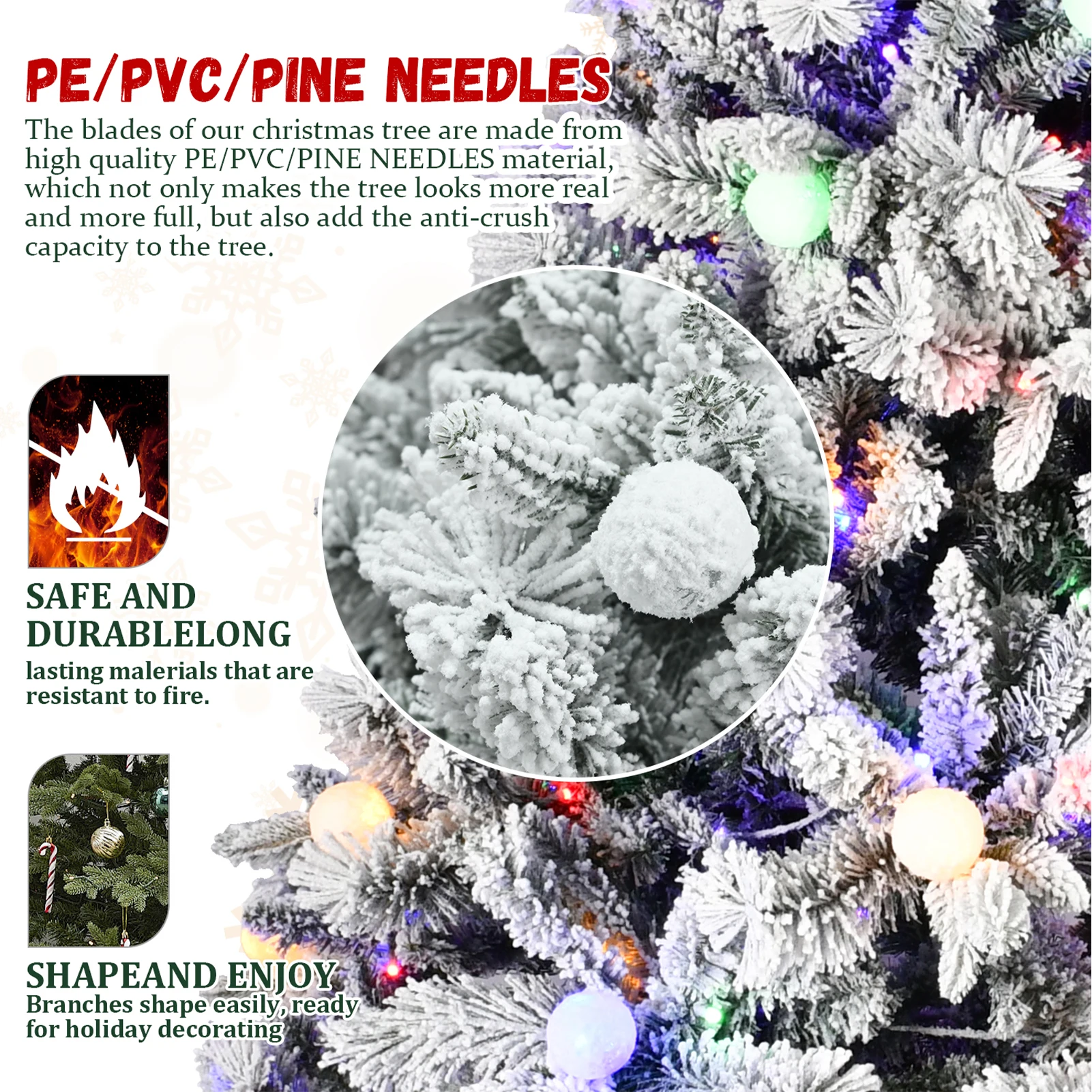 PE/PVC Artificial Christmas Tree 7.5 / 8 FT with Pine Needles and Balls Decor 400LEDs Double Color String Light 1523 Branch Tips