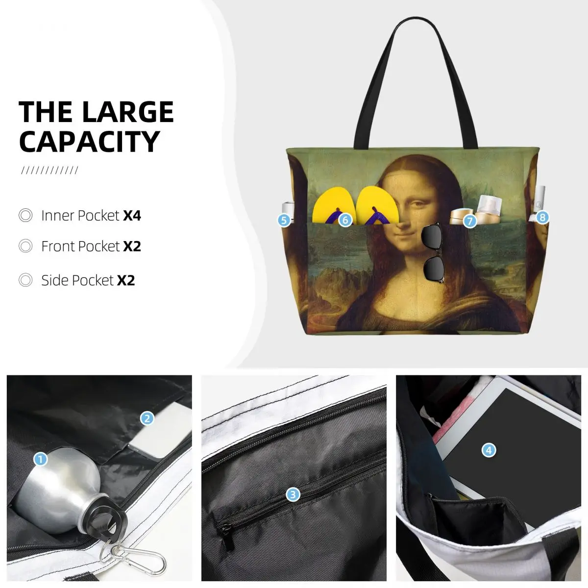 Mona Lisa By Leonardo Da Vinci Beach Tote Bag Sport Gym Yoga Duffle Large Tote Bag Women Travel Bag Fitness bag
