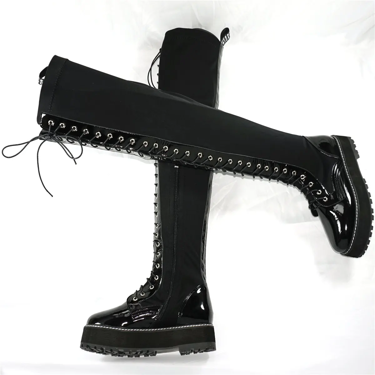 Punk Creepers Women Lace Up Patent Leather Over The Knee High Boots Female Stretch Fabric Round Toe Platform Pumps Casual Shoes