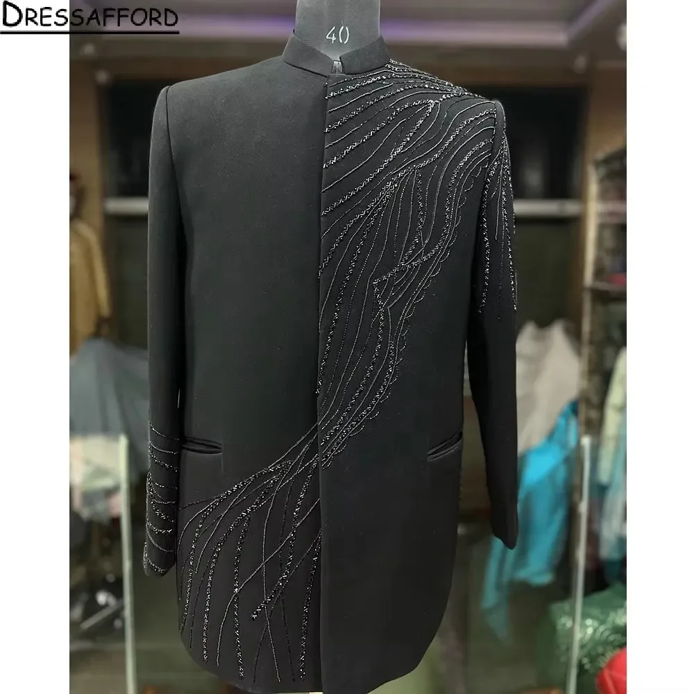 Black Handmade Beading Men Suits Groom Wedding Tuxedos 2 Pieces Sets Dinner Prom Blazers Terno Masculino Completo