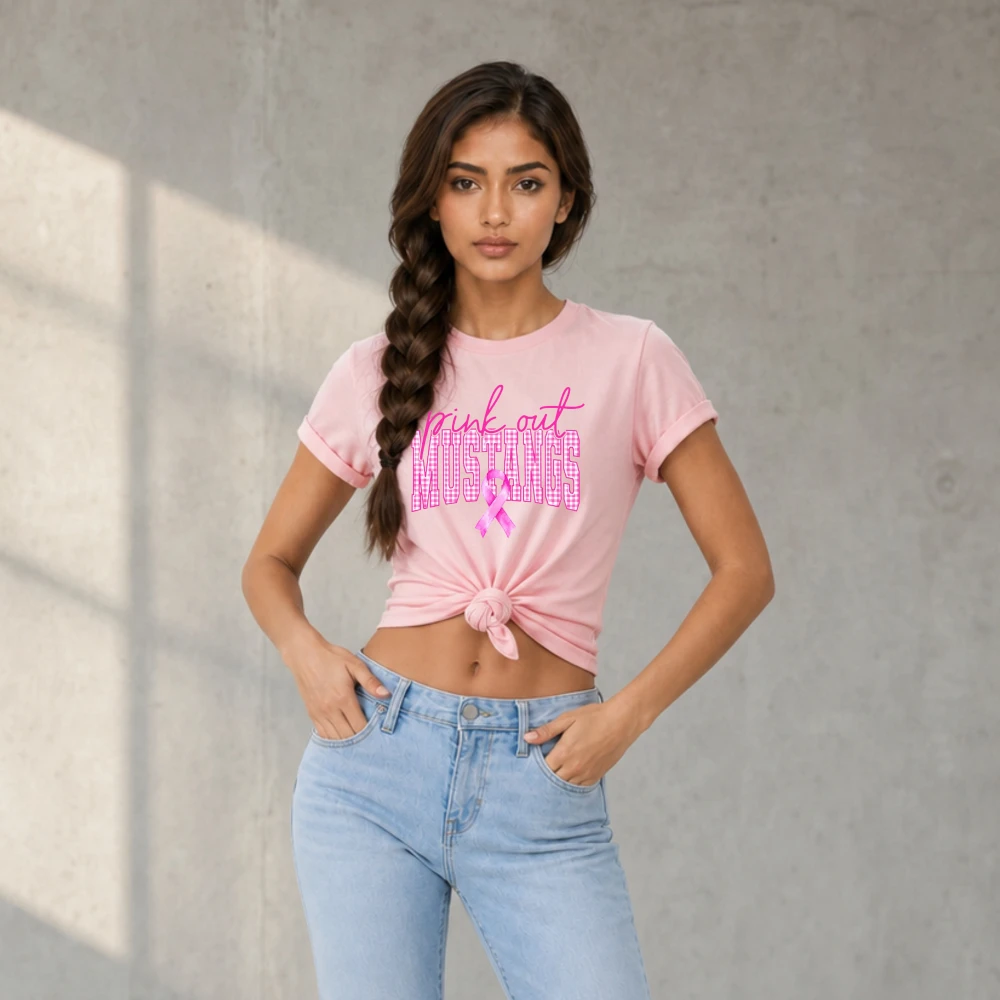 Pink Out Mustangs Pink Ribbon T Shirt Breast Cancer Awareness Women Short Sleeve Graphic Sport Team Support Casual Cotton Tops