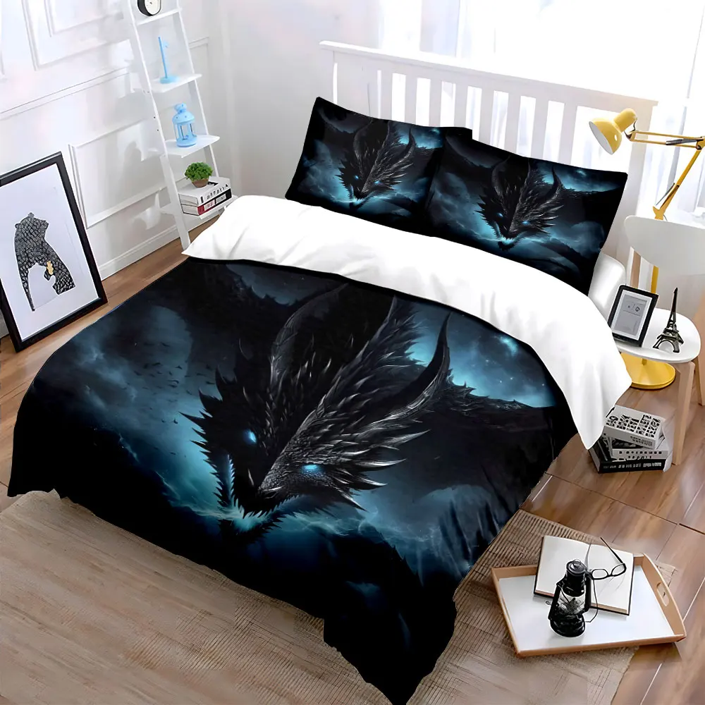 Dark Fiery Dragon Dominates Night Sky Print Bedding Set 1Duvet Cover 2Pillowcases for Adult and Children Luxury Gift Full Size