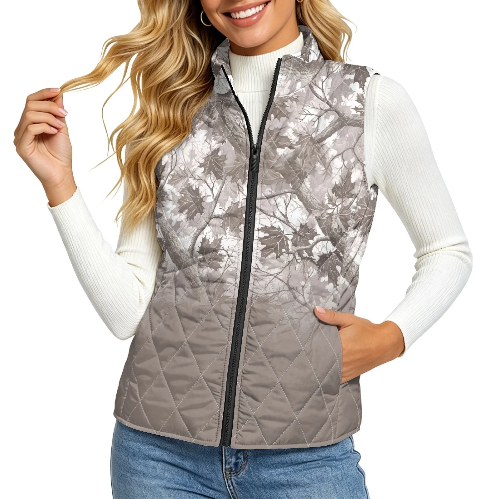 PENSTROLL Tree Branches Quilted Jacket Vest for Women Zip up Diamond Quilted Vest Women Flattering Fit Cropped Puffer Vest