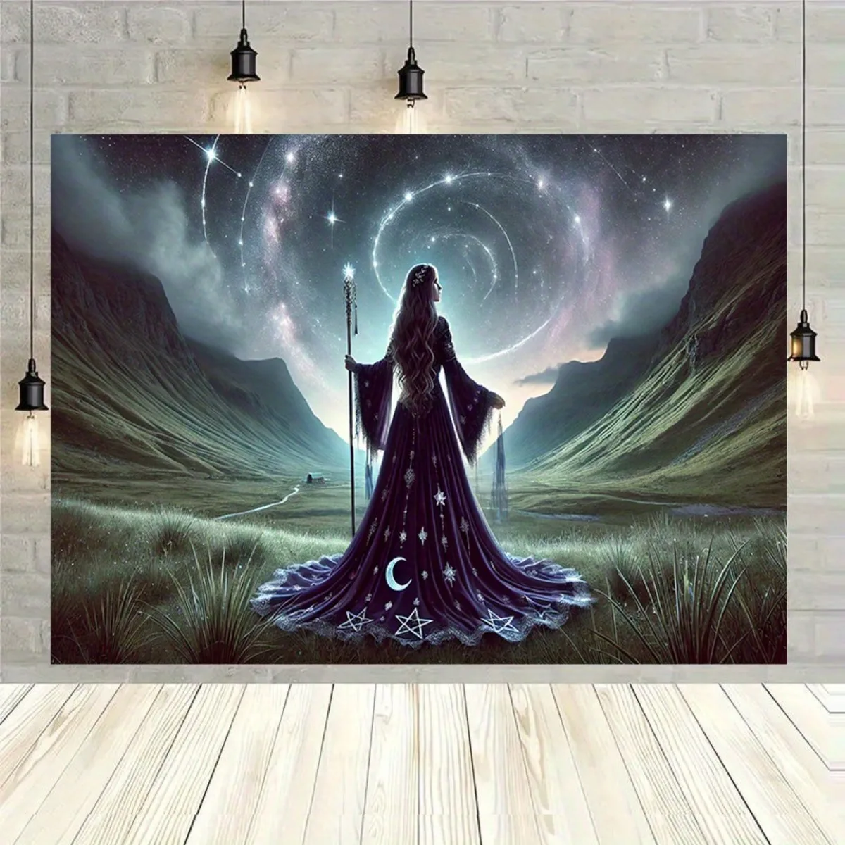 1pc Enchanting Starry Sky Witch & Serene Valley Tapestry - Mystical Nighttime Landscape with Crescent Moon, Durable Polyester Wa