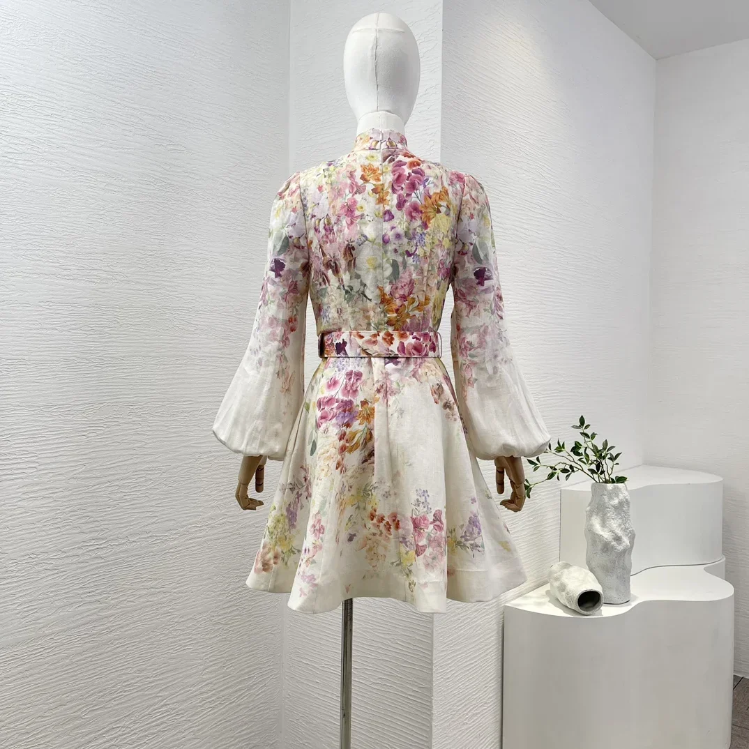 2025年新作ファッション、マルチカラーランタン袖花柄プリントミニドレス