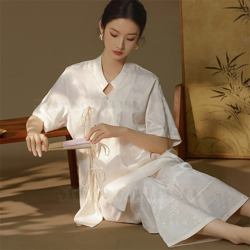 New Chinese Style Female Pajamas Set Elegant Jacquard Satin Home Wear Sleepwear Spring Summer Short Sleeve Trouser Suits Pyjama