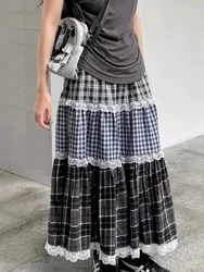 Deeptown Vintage Harajuku Lace Plaid Skirt Women Preppy Style Long Skirts Autumn Winter Streetwear Retro A-line Ruffle Skirts