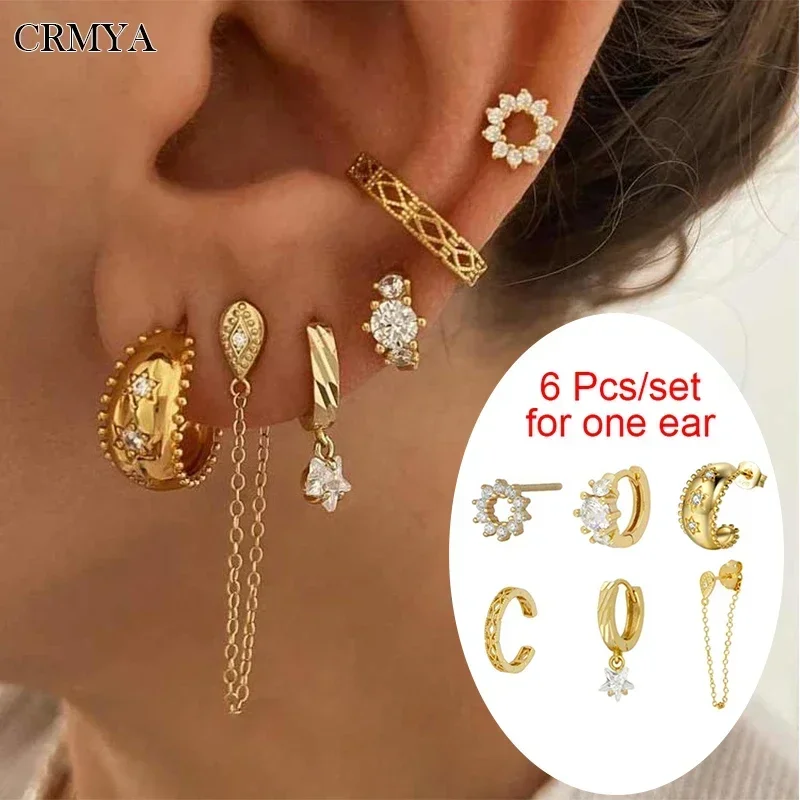 CRMYA Gold Plated Girl's Earrings Set Vintage CZ Zircon Drop Stud Clip Hoop Ear Ring For Women 2022 Jewelry Wholesale