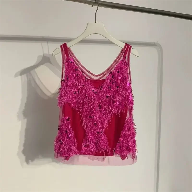 2025 Primavera Nuovo Stile Americano Chic Nicchia Sling Vest Bretella Breve Rosa Rosso Paillettes Senza Maniche Canotta Camis Ins Top
