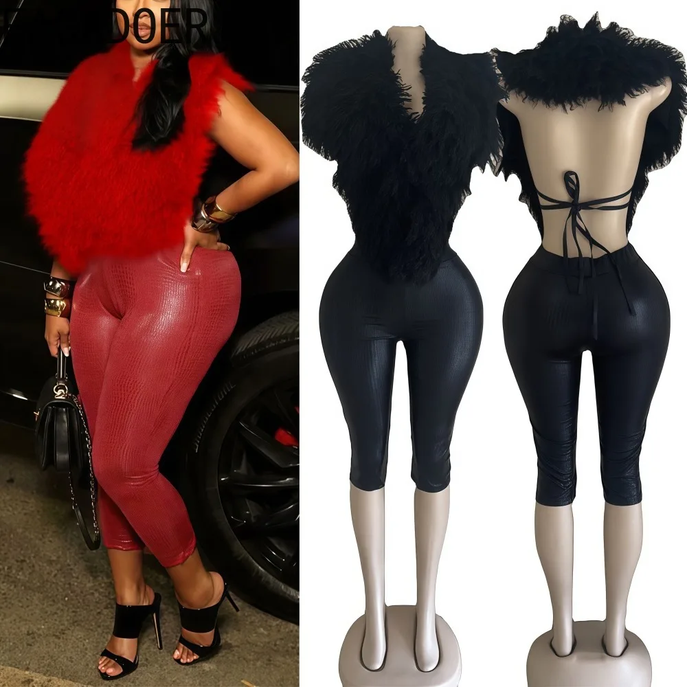 FAGADOER Sexy Fur Patchwork 2 Pieces Set for Woman Halter Sleeveless Backless Top + Snake Print Shorts Outfits Female Streetwear