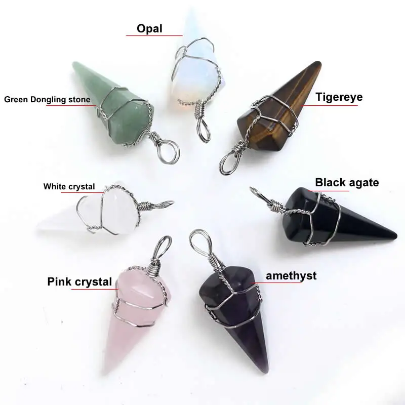 Reiki Healing Jewelry Natural Stone Pendant Wire Wrap Hexagonal Pyramid Quartz Crystal Necklace Pendulum Chakra Pendulo