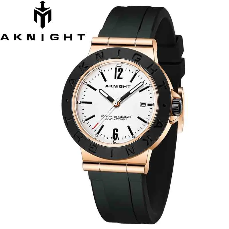 AKNIGHT New Sport Watch for Man Quartz Movement Silicone Strap Waterproof Watches Black Chronograph with Date Clock Relogio