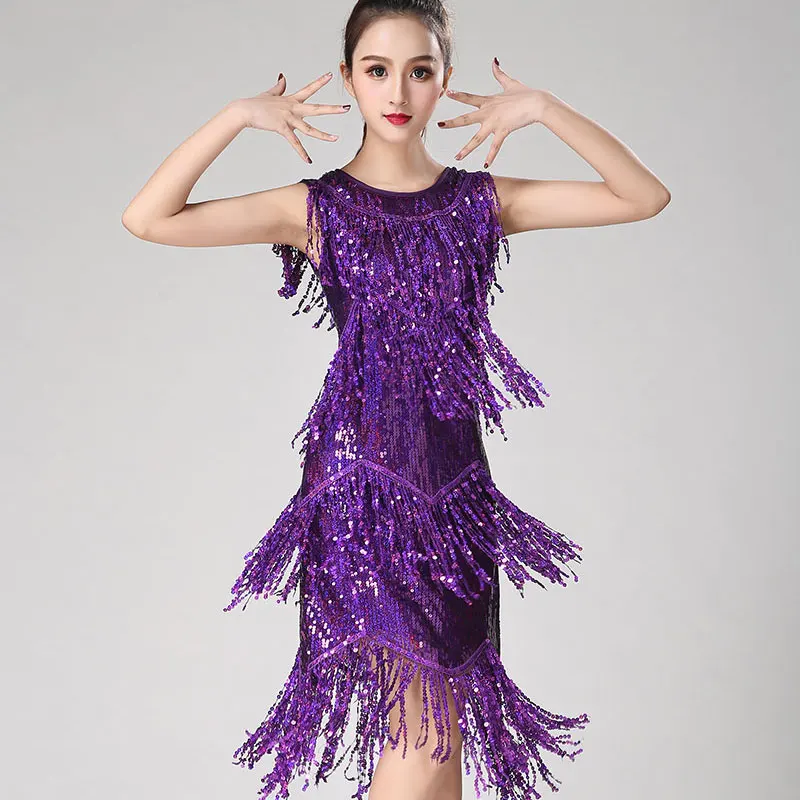 Female Retro Tassel Sequin Dress Sexy Party Dress Blue Fringe Dress Shiny Latin Dance Costume Women Ballroom Stage Wear 1920s