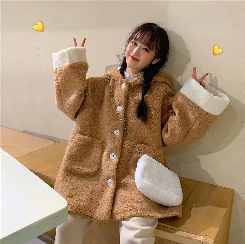 New Korean version of the soft girl student loose wild cute bear ears hooded imitation lamb hoodie female lolita cosplay clothes