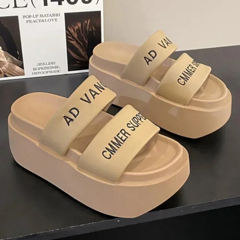 Summer 2023 Chunky Sandals Women\'s Thick Bottom Wedge Heels Slides 8CM High Heels Platform Leather Casual Beach Flip Flops Woman