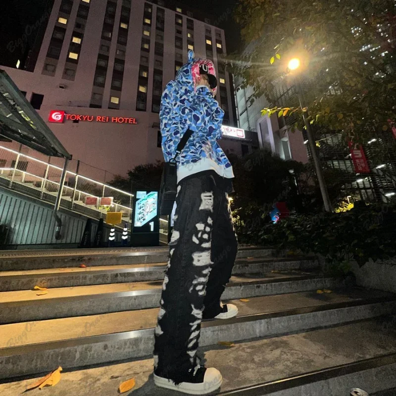 Harajuku camouflage blue layered hoodie gothic zipper oversized hoodie punk style teen top couple streetwear man