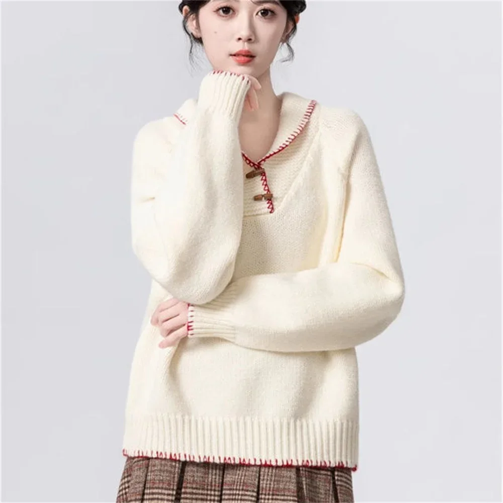 

2024, весенне-осенне-зимний свитер, мягкий отложной воротник, дизайн, лоскутный вязаный пуловер, топы, женский утепленный свободный трикотаж