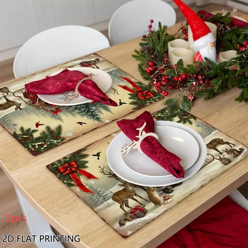 VIKAMA Christmas Placemat Santa Reindeer Sleigh Scene Placemats Set Linen Table Mat Dining Kitchen Holiday Party Decor
