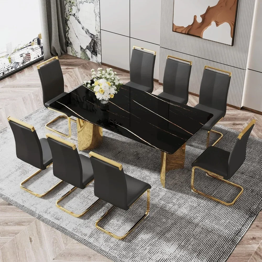 

Dining Table, Modern 8-Person Dining Table Set, Faux Marble with Black Chairs, 71-Inch Table, Kitchen Dinings Tables Set